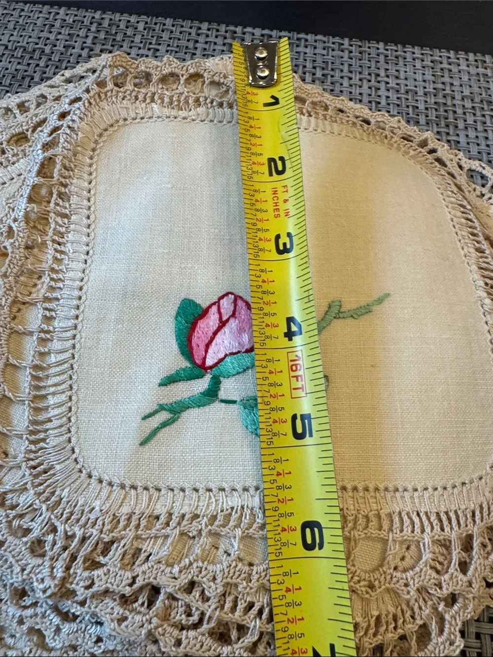 Vintage 24 Hand-Embroidered Pink Rose Linen Doily - Vintage Style